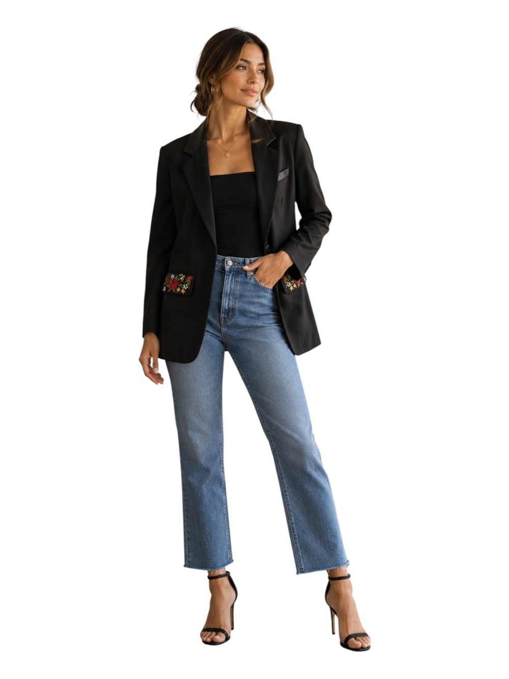 Vintage Together! Black Embroidered Blazer Faux Leather Trim Pockets Size 6